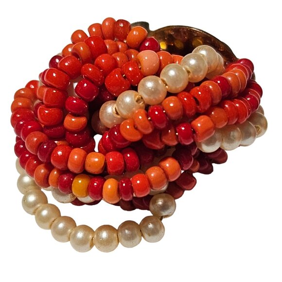 Vintage Faux Pearl Cluster Beaded Clip On Earrings Red Orange Retro 60s Jewelry - Picture 2 of 4